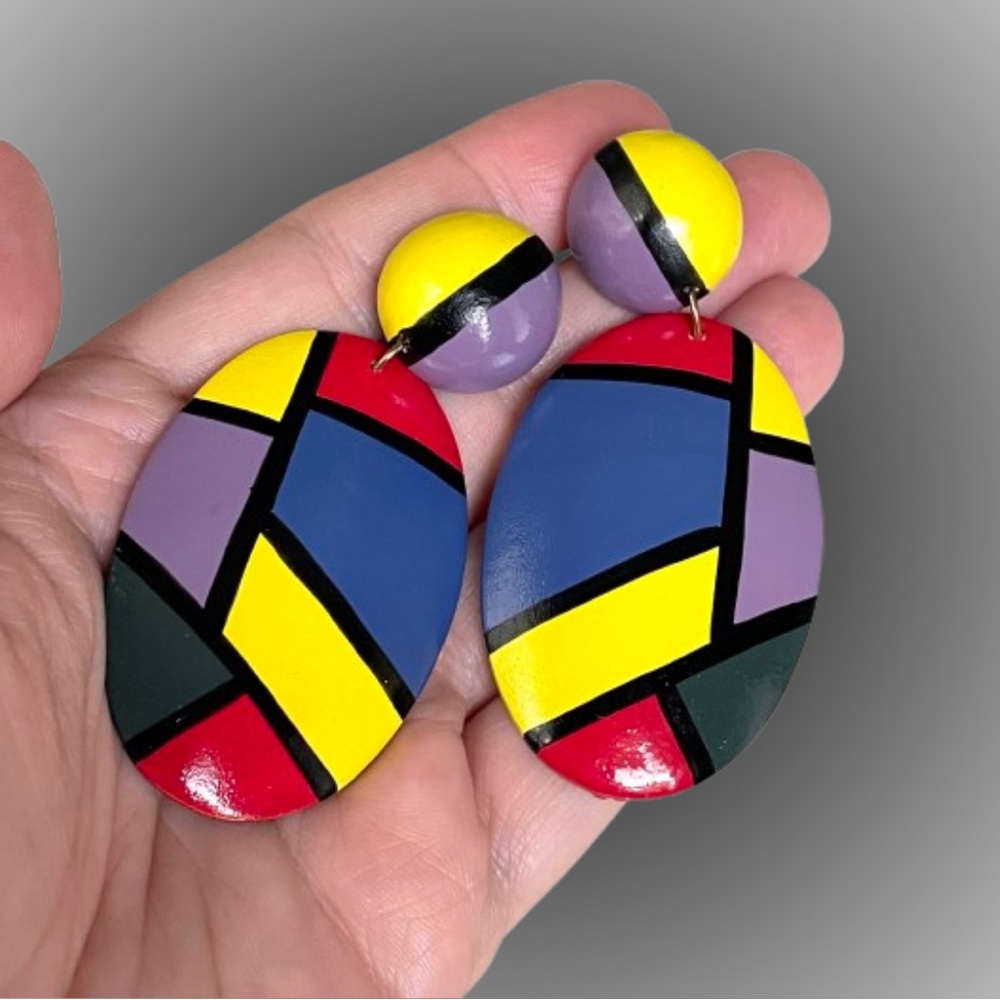 Vintage Mondrian-style colorful colorblock lacquer statement pierced earrings